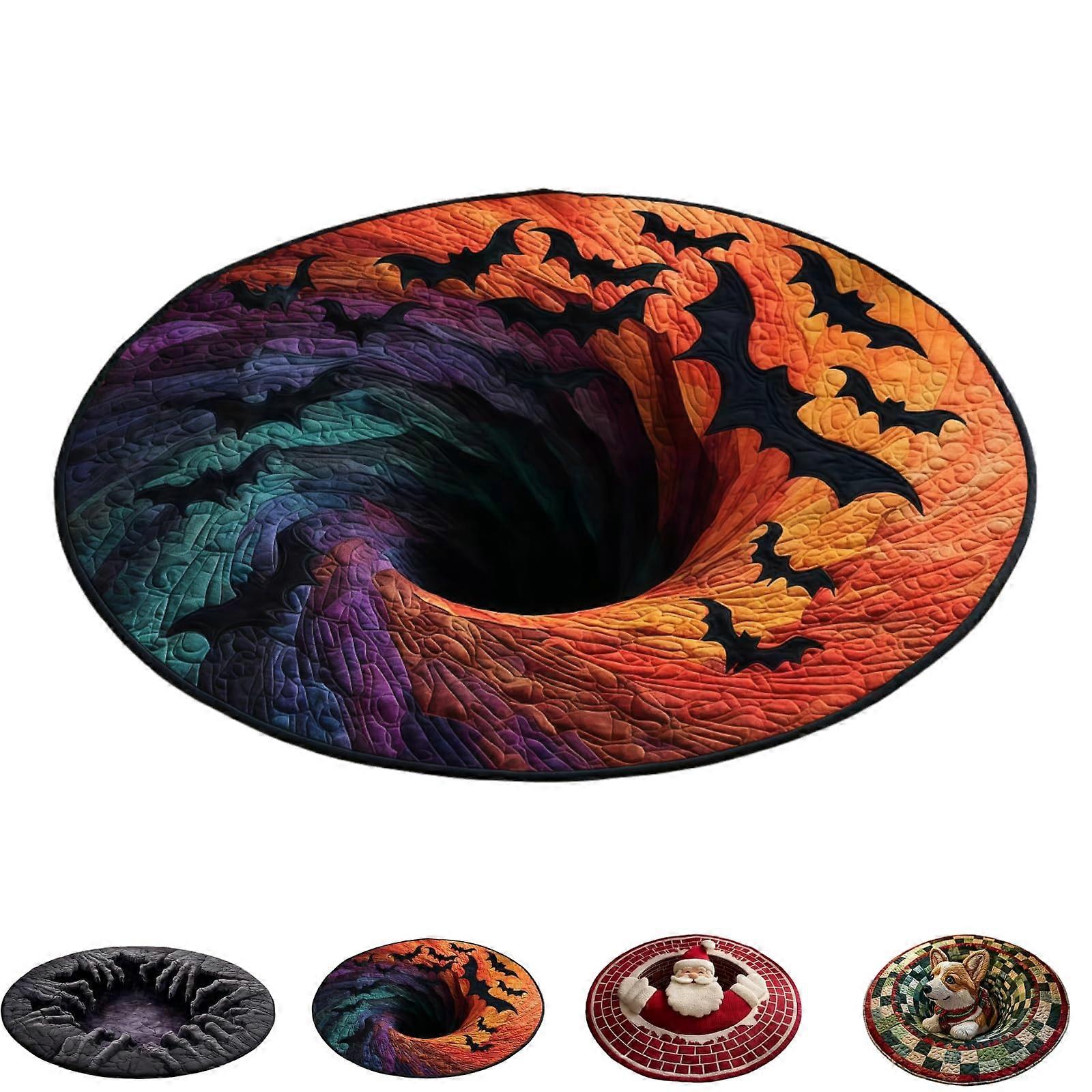 Halloween Round Rug with Candy Corn Design, 3D Optical Illusion Depth Pattern, NonSlip Quilted Fabric