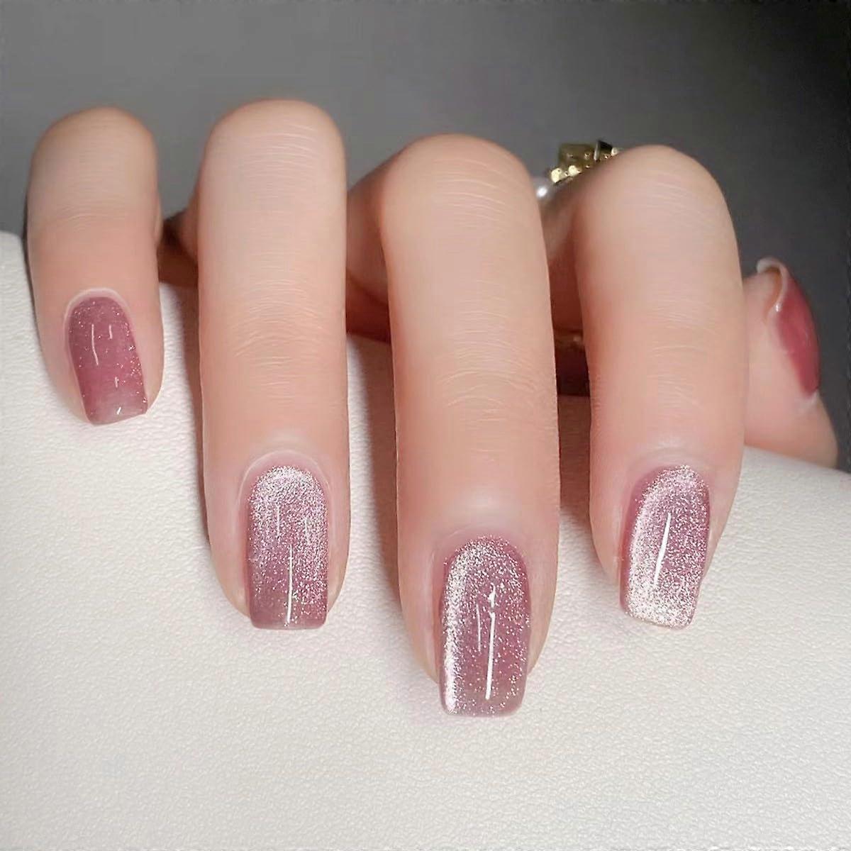 Medium Pink Square Press On Nails with Silver Glitter and Holographic Gradient, 24pcs