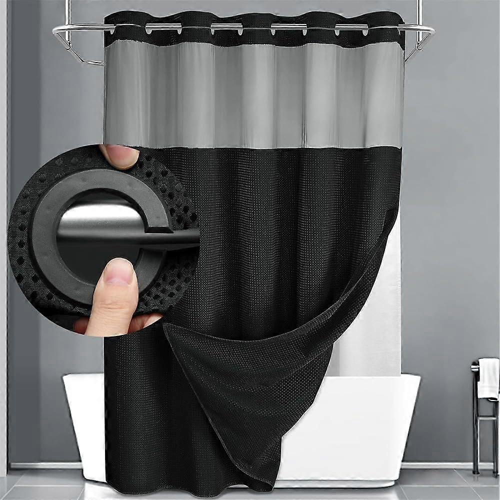 Waterproof Black Polyester Shower Curtain 183x191cm Hookless with Snap Liner Hotel Quality