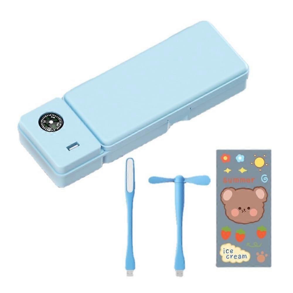 Large Pencil Case with Lamp and Fan, Blue Multi Layer Organizer, Large Capacity Storage