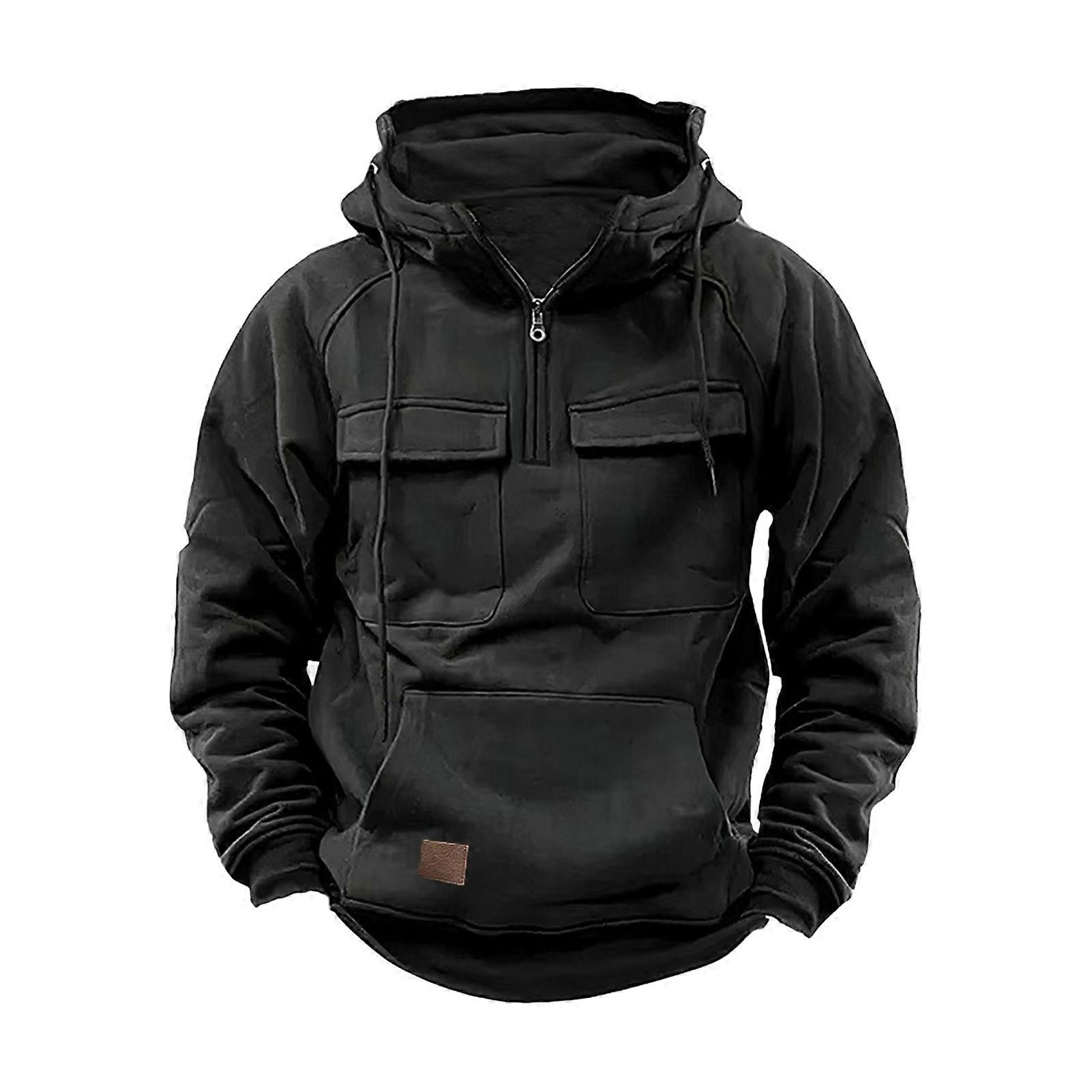 Spring Fall Men Hoodie Big Patch Pocket Drawstring Hooded Chest Pockets Half Zipper Long Sleeves