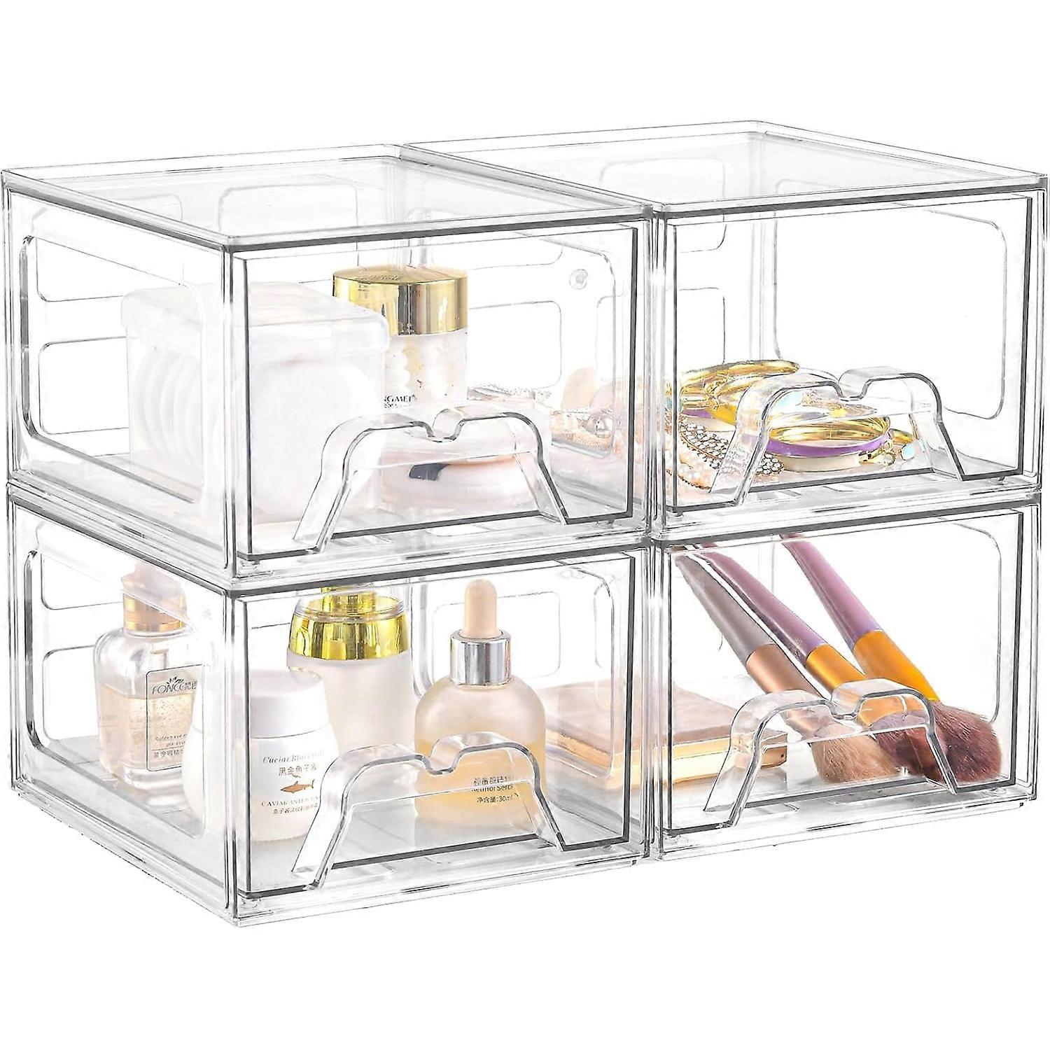 Acrylic Stackable Makeup Organizer 4 Pack, Storage Drawers,Under Cabinet Stackable Bins and Pull Out Drawers Storage Container