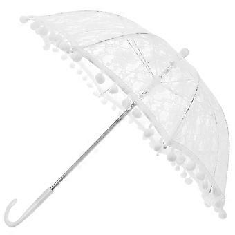 Wedding Umbrella Lace Parasol for Decor with Elegant Pompoms White
