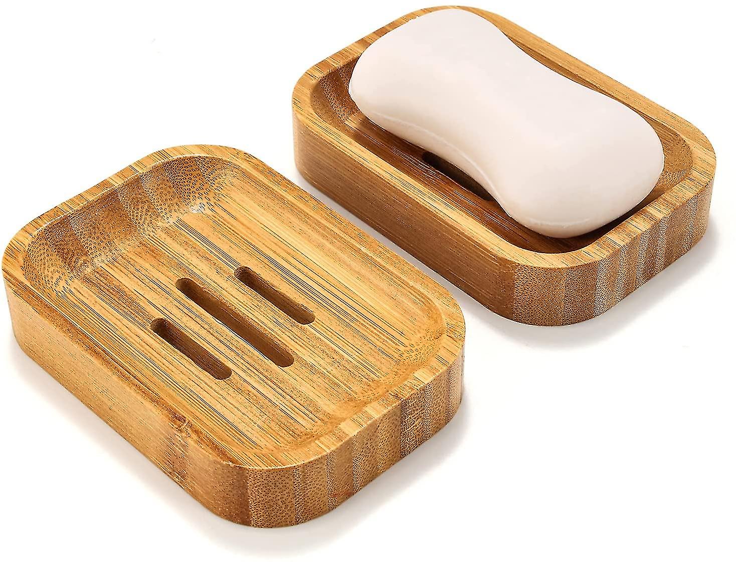 Set Of 2 Natural Wood Bamboo Soap Dish For Bathroom Kitchen Sponges Storage