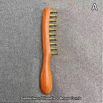 1 Stück Sandelholz-Massagekamm mit breiten Zinken löst Blockaden der Kopfmeridiane. Der Messing-Meridian-Kopfhaut- und Haartherapiekamm.
