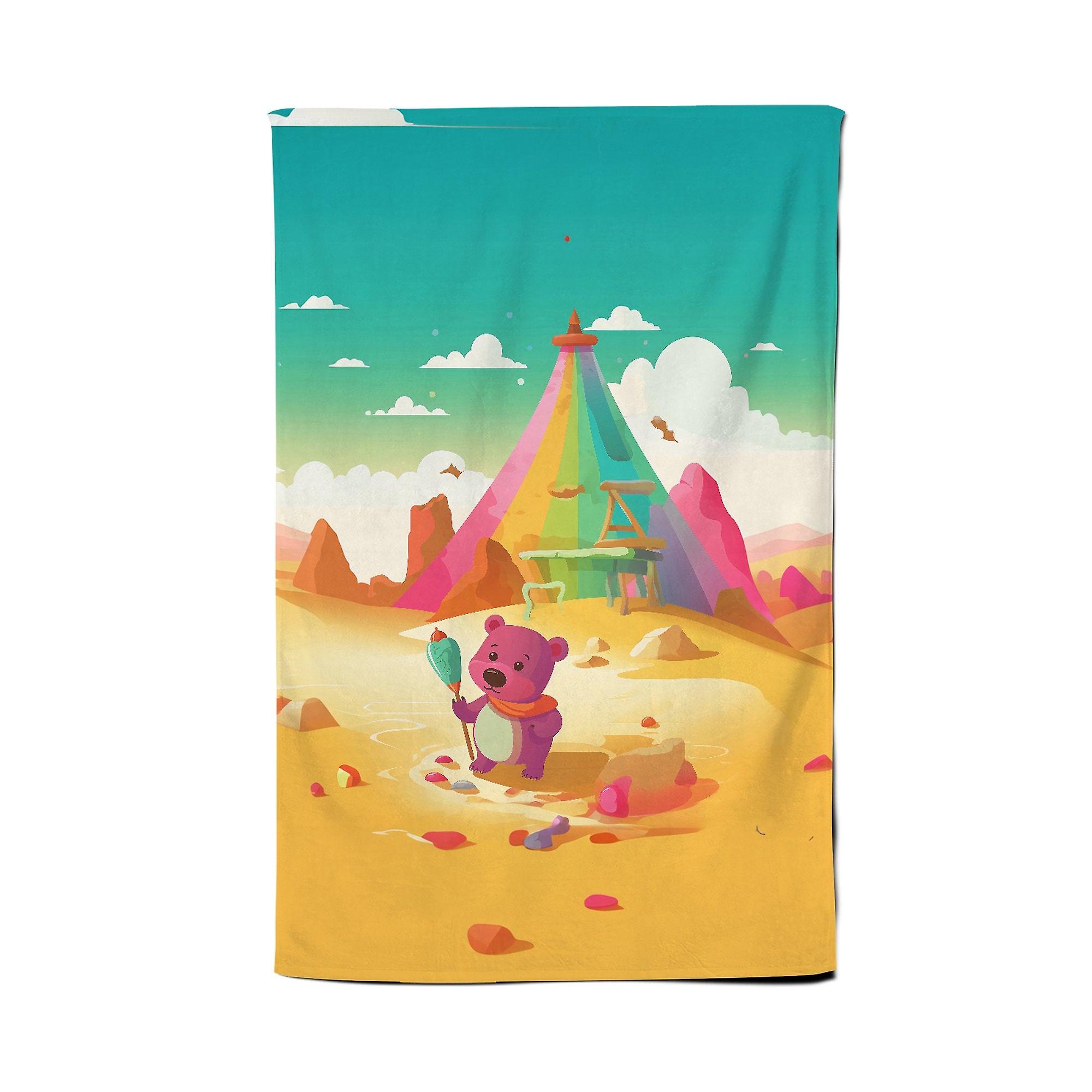Purple Bear On A Beach Holiday Tea Towel