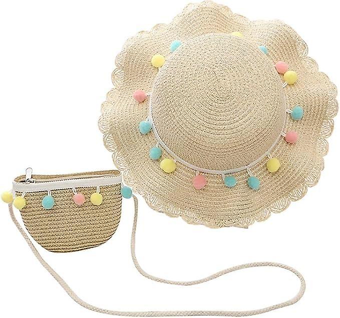 Ruffled Straw Hat Shoulder Bag Set with Coloured Wool Ball Decoration