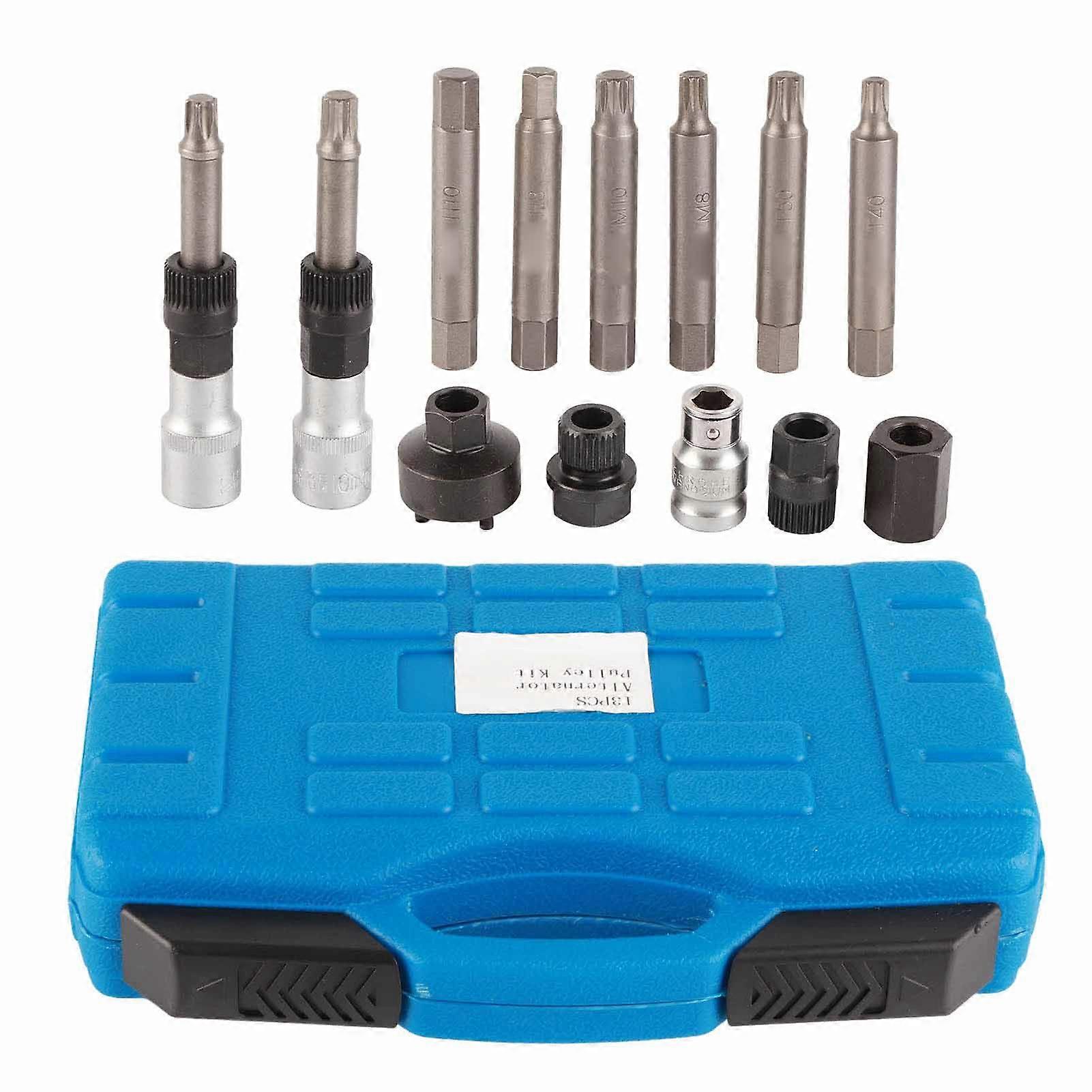 13 Pcs Alternator Pulley Tool Kit Freewheel Removal Decoupling Puller Socket Sleeve Drills Installer Set for OAD OWC Pulleys
