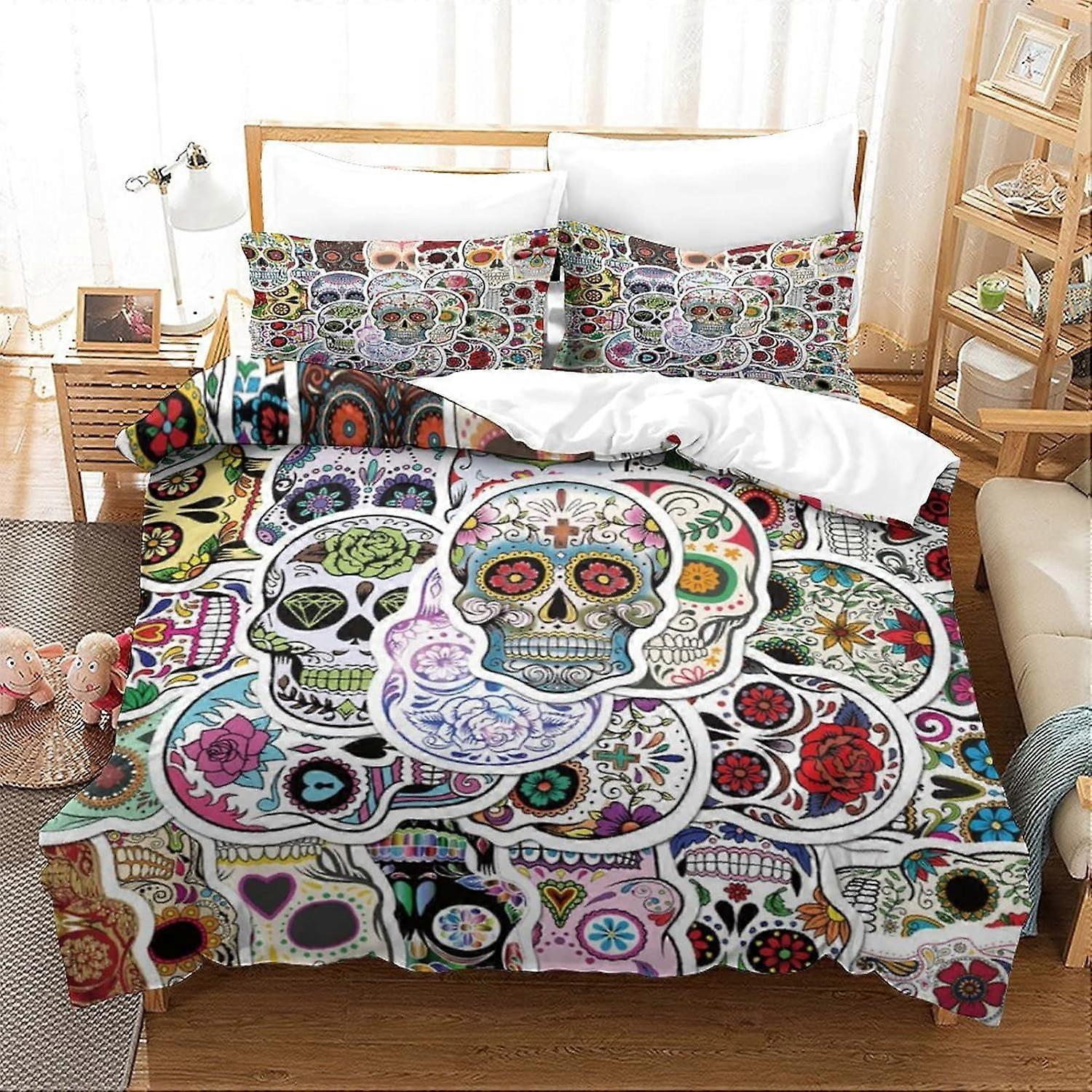 Skeleton Duvet Cover Gothic D Print Microfiber with Zipper, with Pillowcases Hypoallergenic Bedding Set Single Pieces