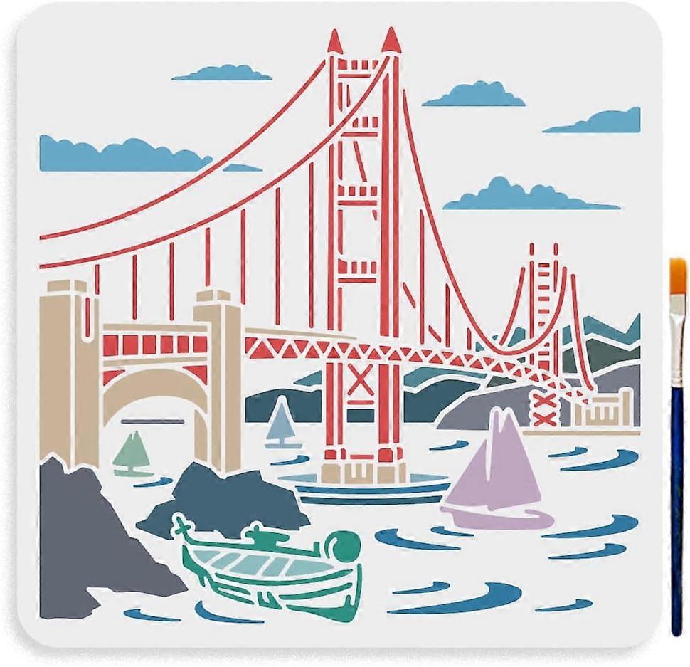 Golden Gate Bridge Stencil 11.811.8inch Large Bridge River Boat Stencil Reusable Cityscape Silhoutte Drawing Template with Paint Brush for Art Crafts