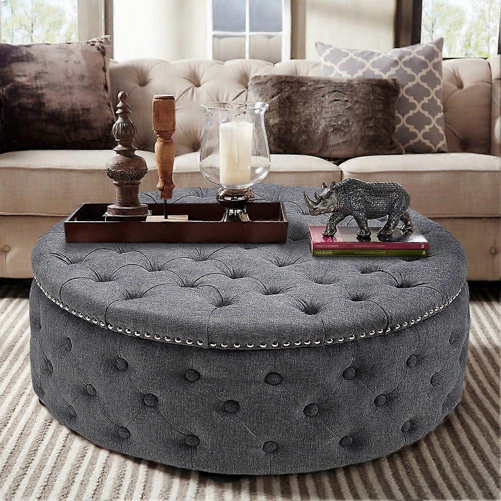 Round Linen Deep Buttoned Ottoman with Studded Edge