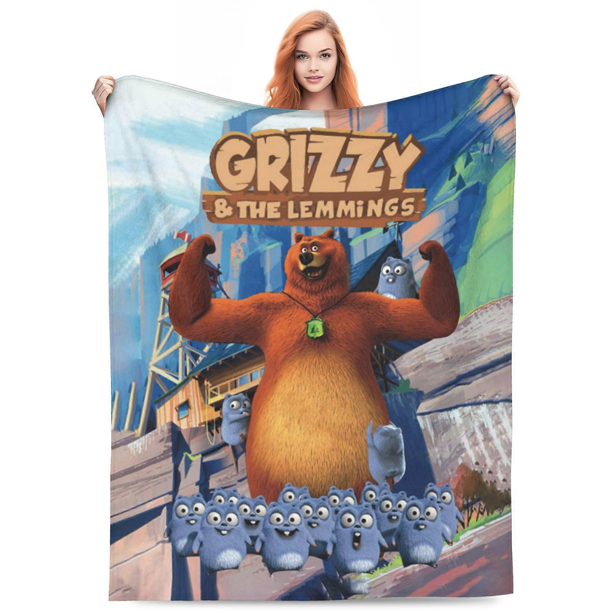 Grizzy and the Lemmings Bed Blanket 3D Printed Throw Blanket Lightweight Super Soft Air Conditioning Room All Season Blanket Sofa Couch Bed Fans Carto