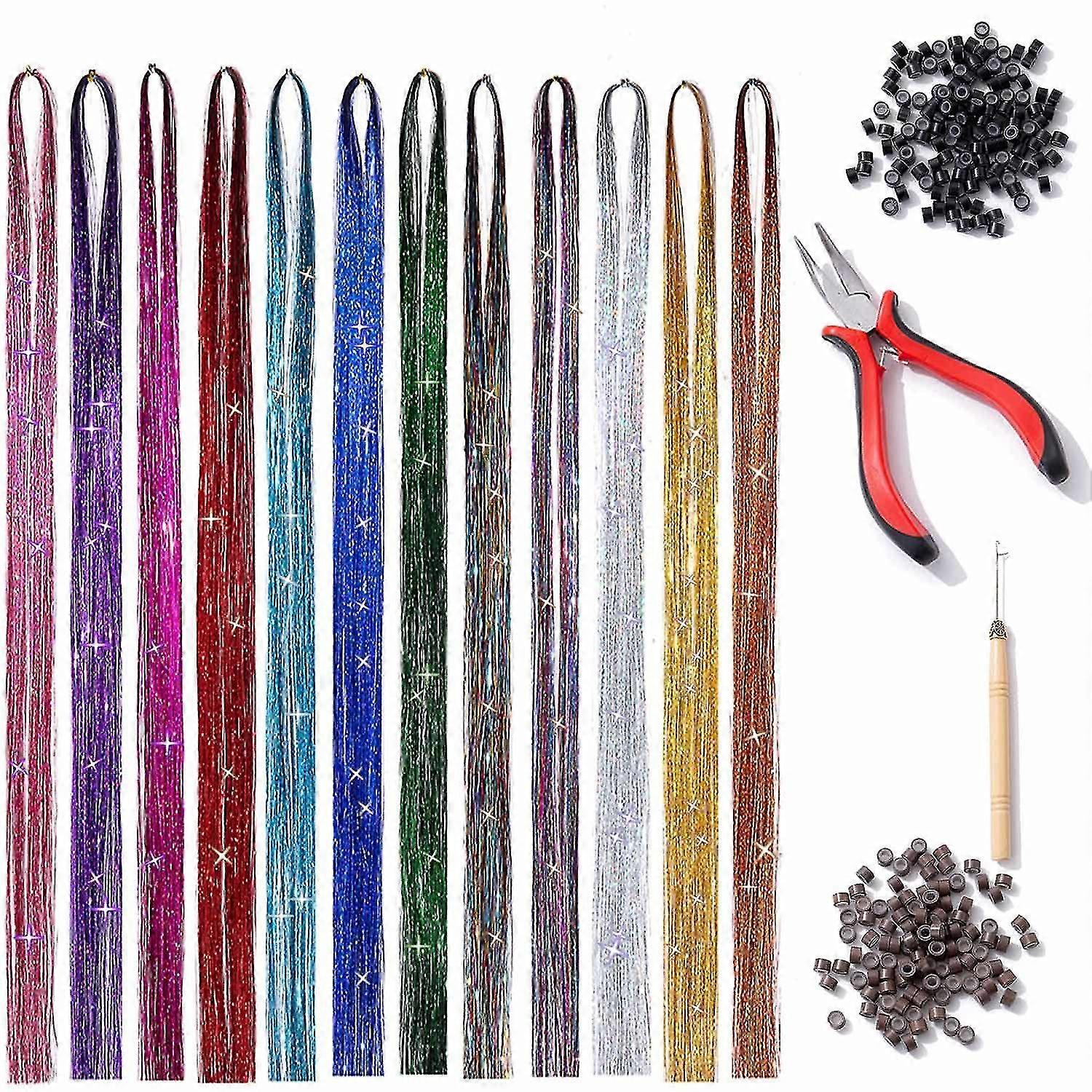 47 Inches Hair Tinsel Kit Strands With Tools 12 Colors 2400 Strands Sparkling Shiny Tinsel Hair Extensions Colorful Hair Tinsel Kit Glitter Hair