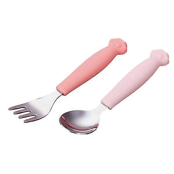 1 Set Kids Tableware Silicone Handle Learning Spoon Fork Toddler Eating Tool