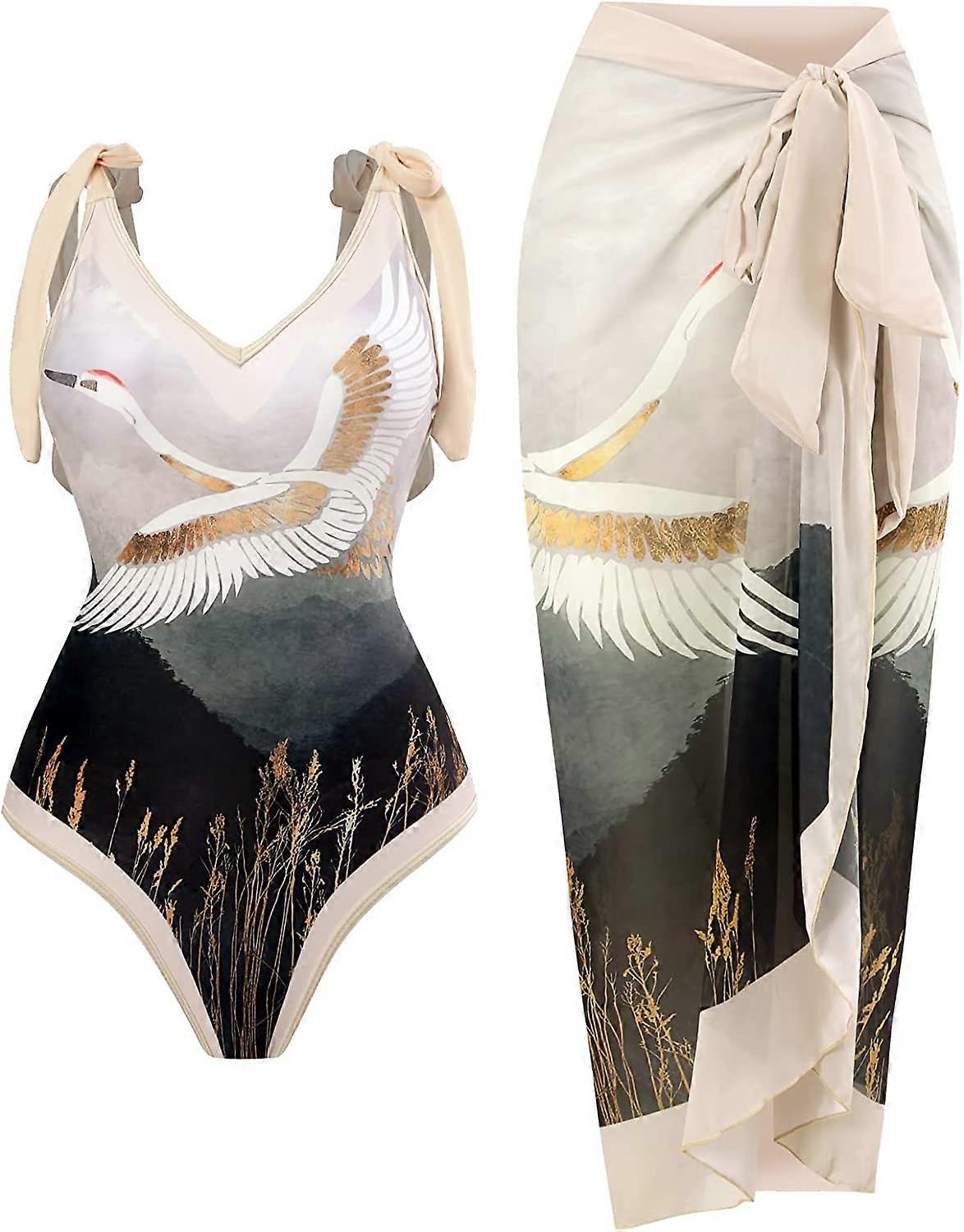 Naisten V kaula-aukko yksiosainen uimapuku + uimapuvun peitteet, retro sarong peitteet naisille säädettävät olkaimet monokinit