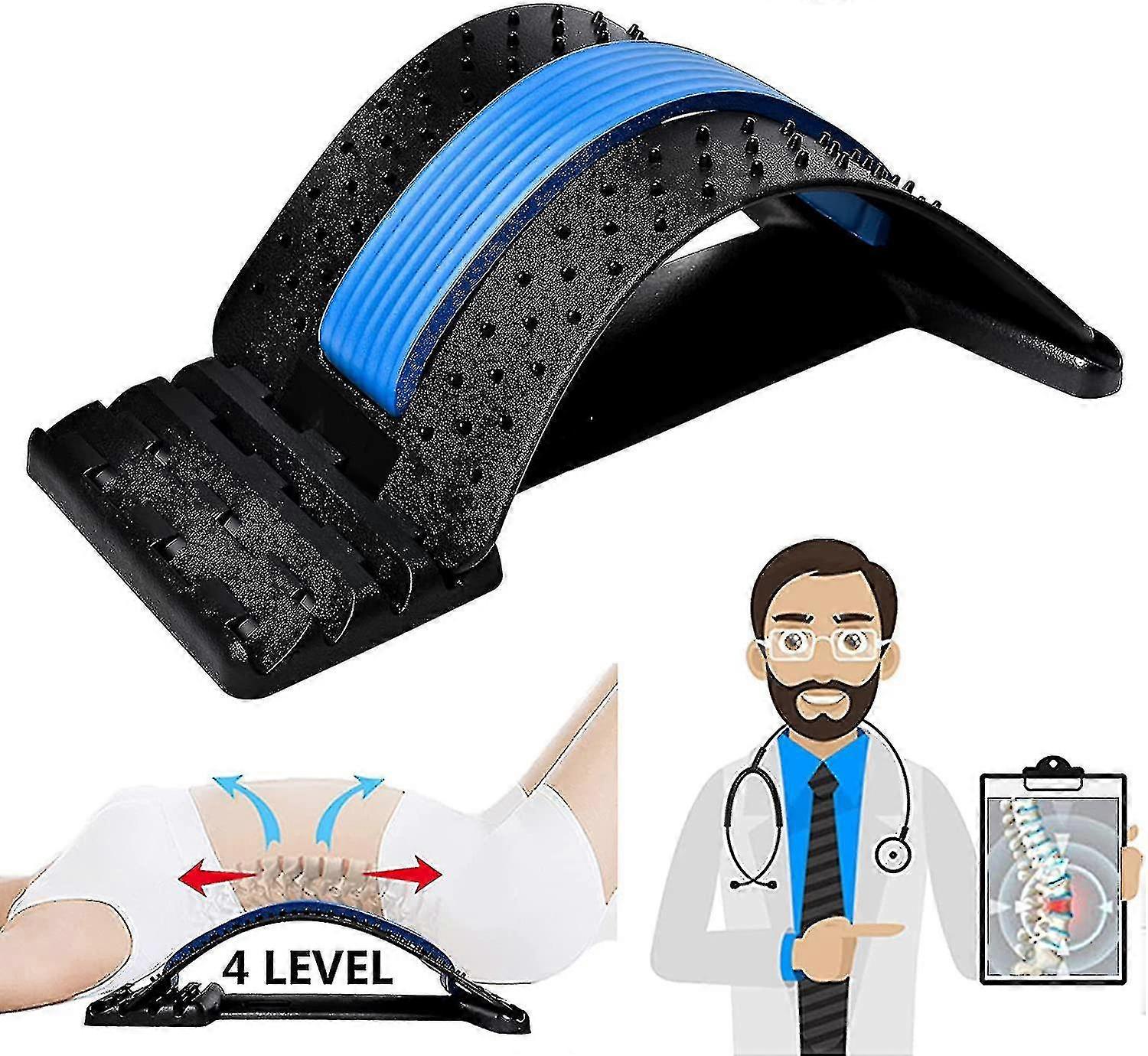 Back Stretcher, Lumbar Back Pain Relief Device, 4 Level - Black, Blue