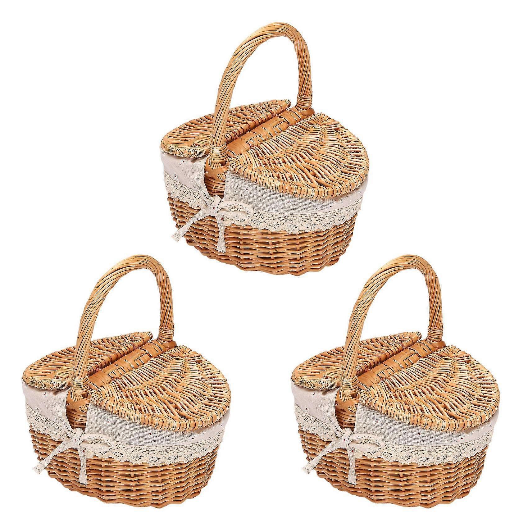 3x Handmade Wicker Basket With Handle, Wicker Camping Picnic Basket With Double Lids, Shopping Stor