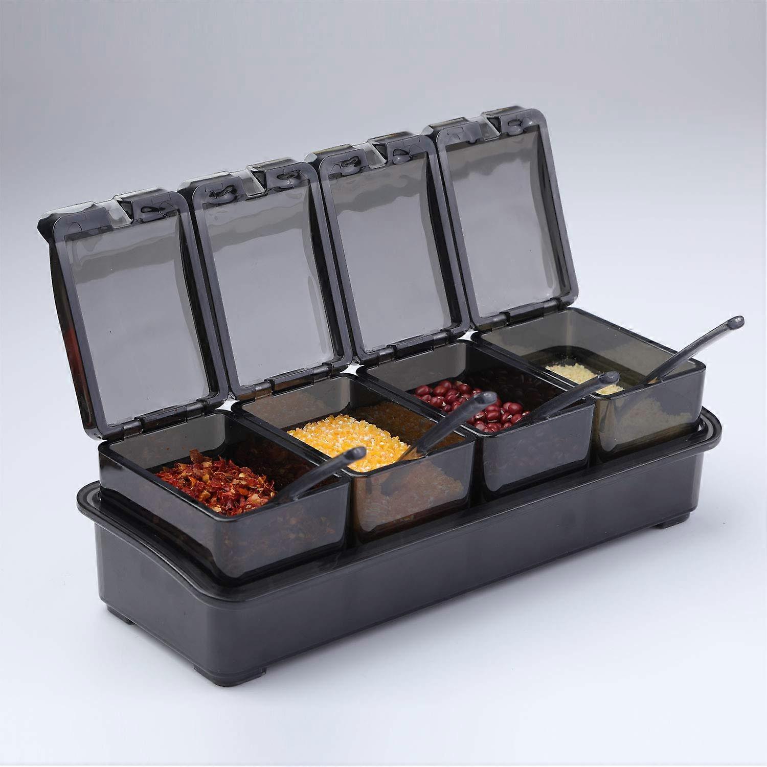 صندوق توابل أسود ، 4 قطع حاوية تخزين التوابل Cruet للمطبخ المنزلي ، برطمانات التوابل مع غطاء وملعقة لتخزين التوابل والملح والسكر