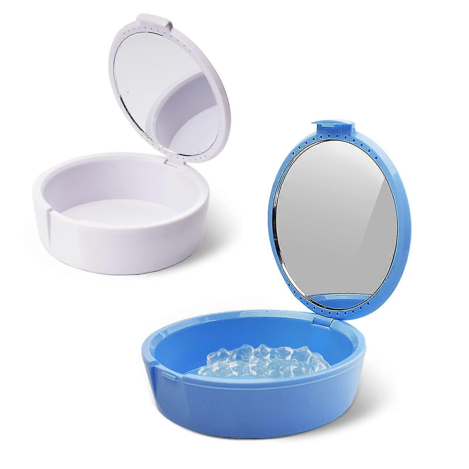 with Mirror Container Denture Storage Box (Blue+White)