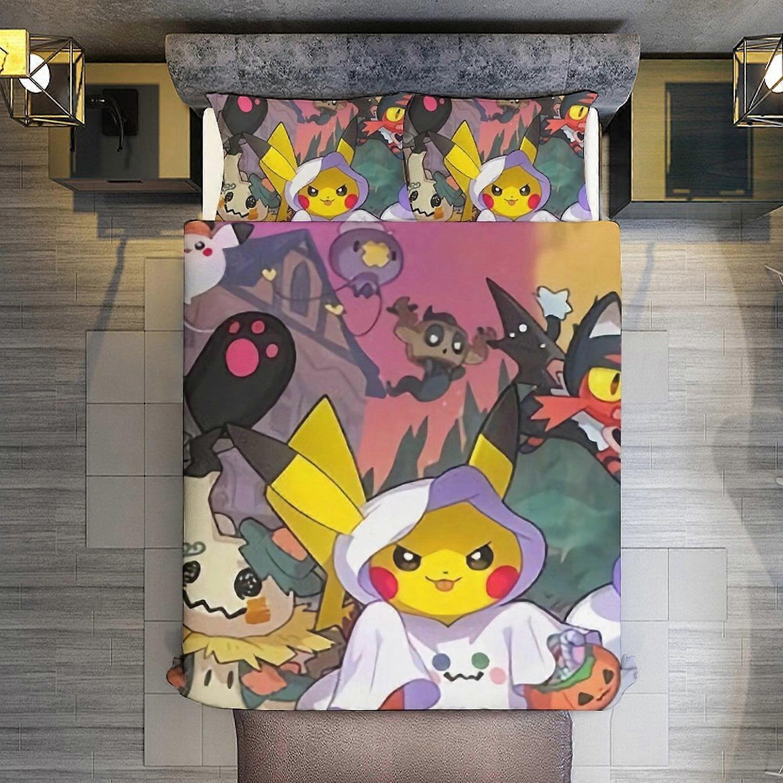 v72 Lençóis de Cama Halloween Pokmon 3 Peças Conjuntos Tamanho Completo/Queen Size - Colchas de Microfibra Reversíveis com Fronhas Colcha de Cama Leve e Macia Co