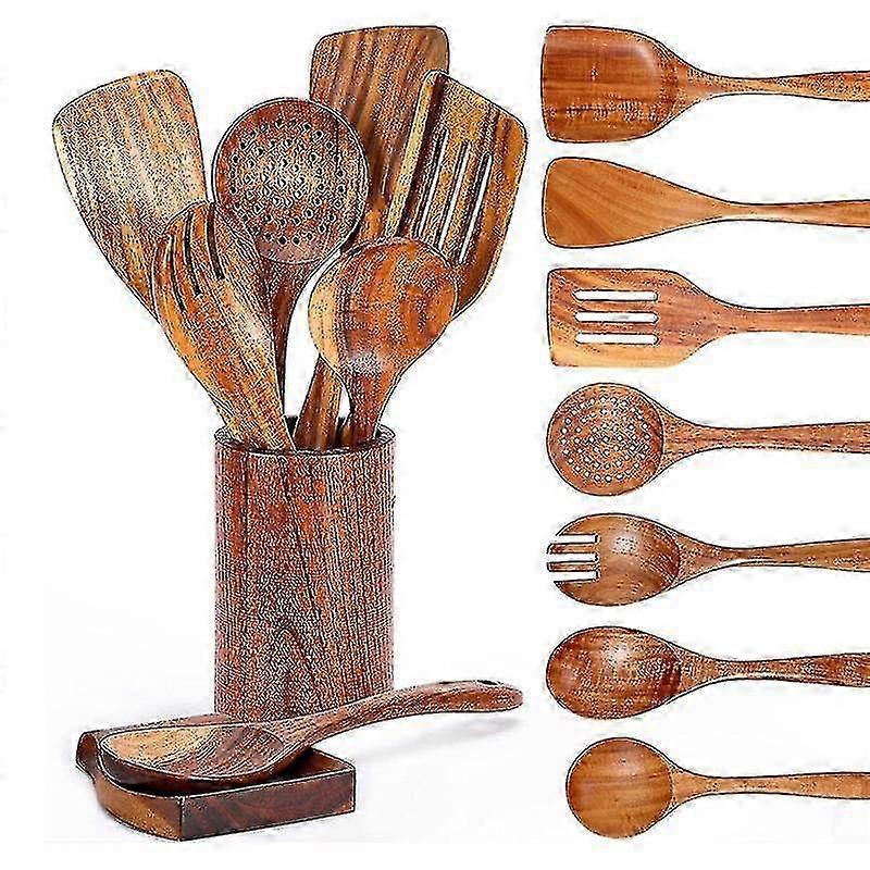 9pcs Teak Wooden Spoon Set with Holder for Cooking