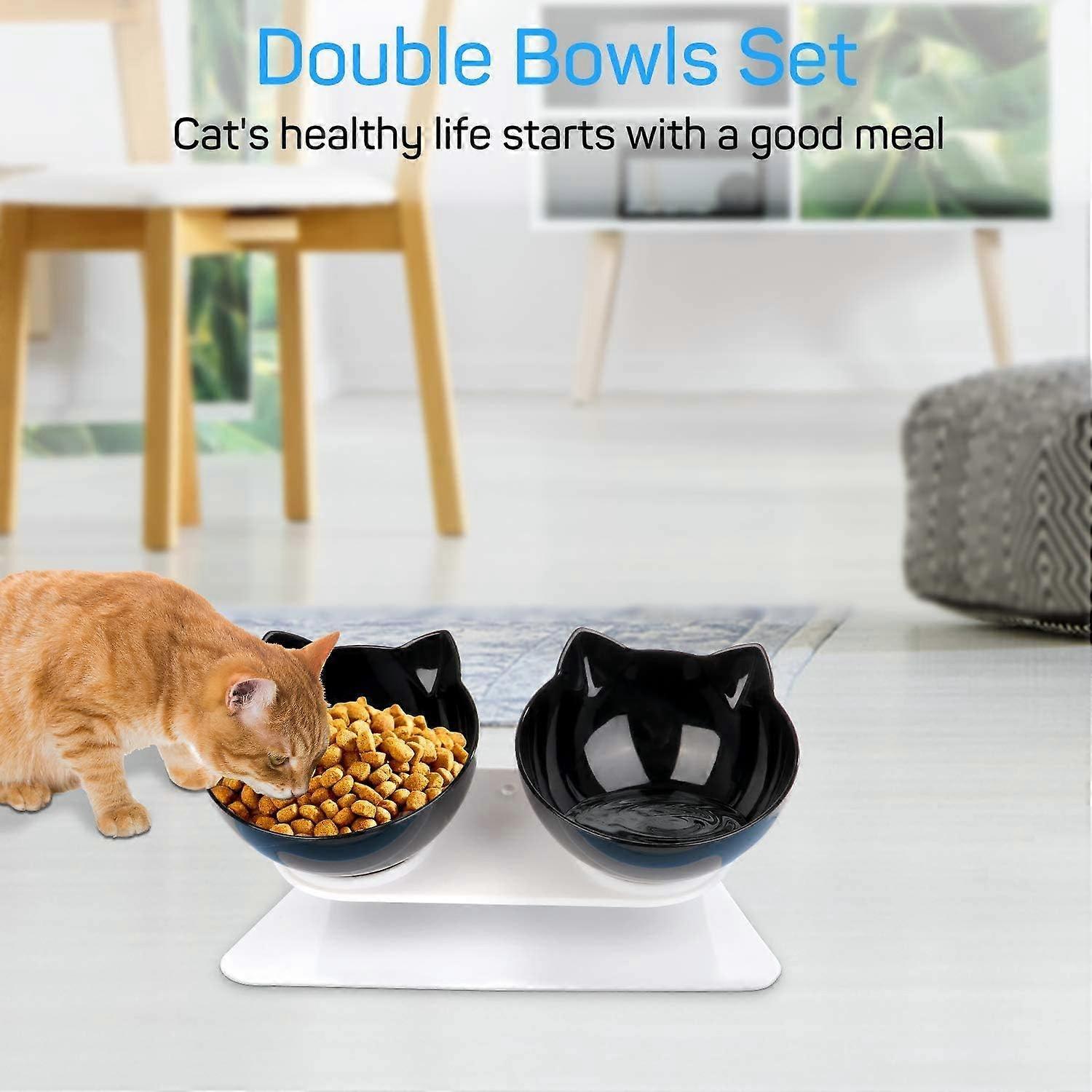 Non-Slip Double Cat Bowl with Raised Support Stand - Pet Feeder for Food