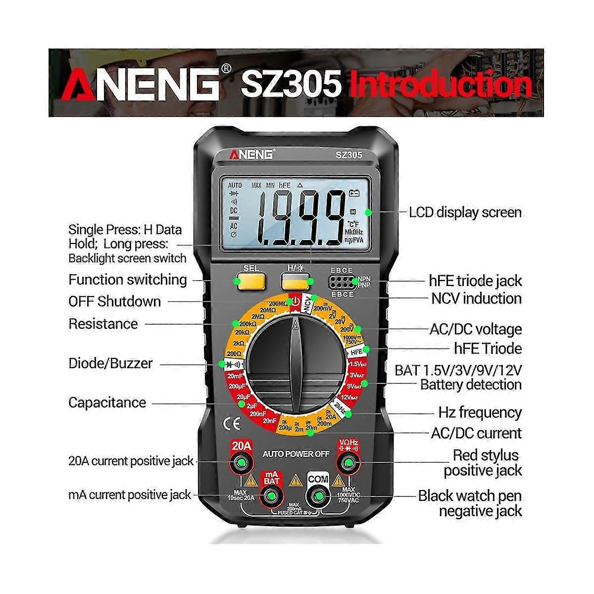 Sz305 1999 Counts Multimeter Capacitor Testers Smart Voltmeter Ac Current Resistance Ohm Test Tools Black