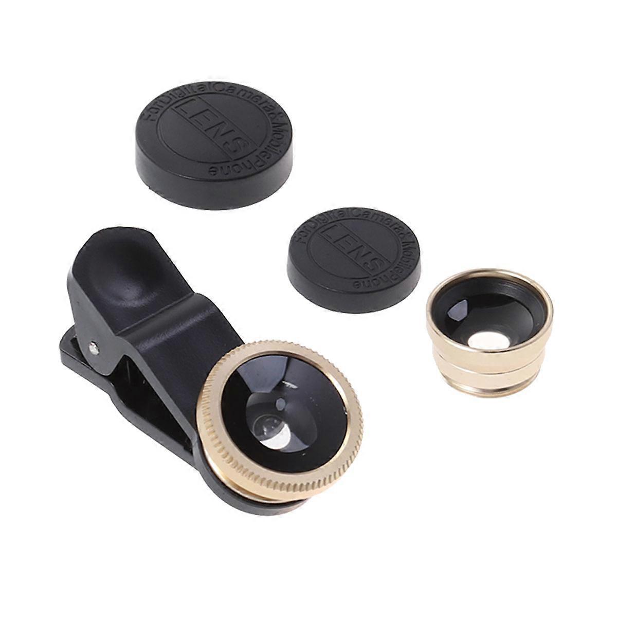 Universal Portable Cell Phone Camera Lens Super Wide Angle Lens Macro Lens and Fisheye Lens Clip on 3 in 1 Mobile Phone Lens for iPhone 6S/7/8/X (Gold