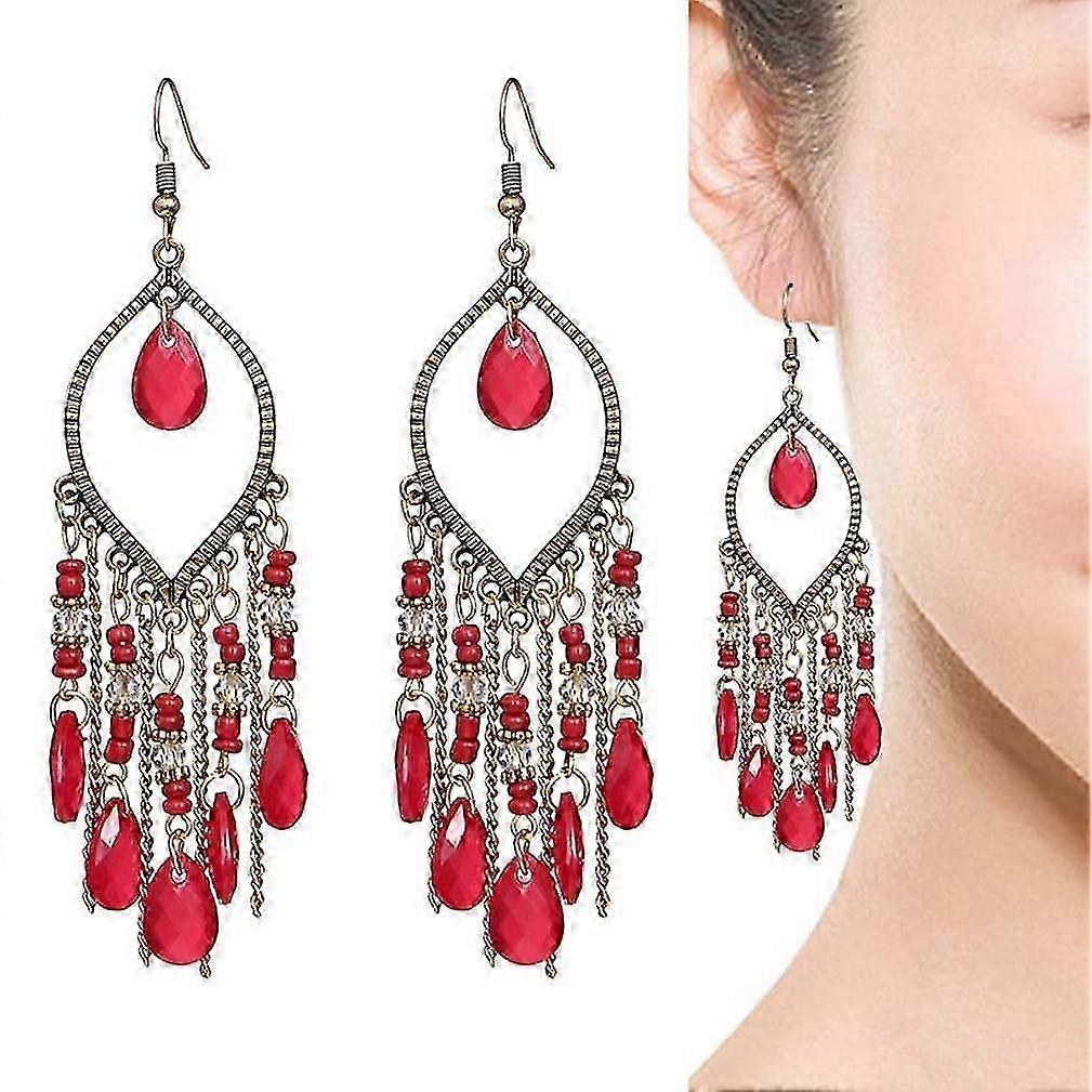 Long Earrings Dewdrop Chain Red Gold Plated Fringe Alloy Zircon Eardrops for Festival