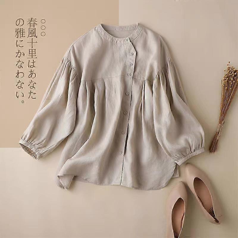 Single-breasted Stand Collar Solid Color Lantern Sleeve Cotton Shirt Female Fashion Loose Casual Blouse Nine-minute Sleeve Shirt