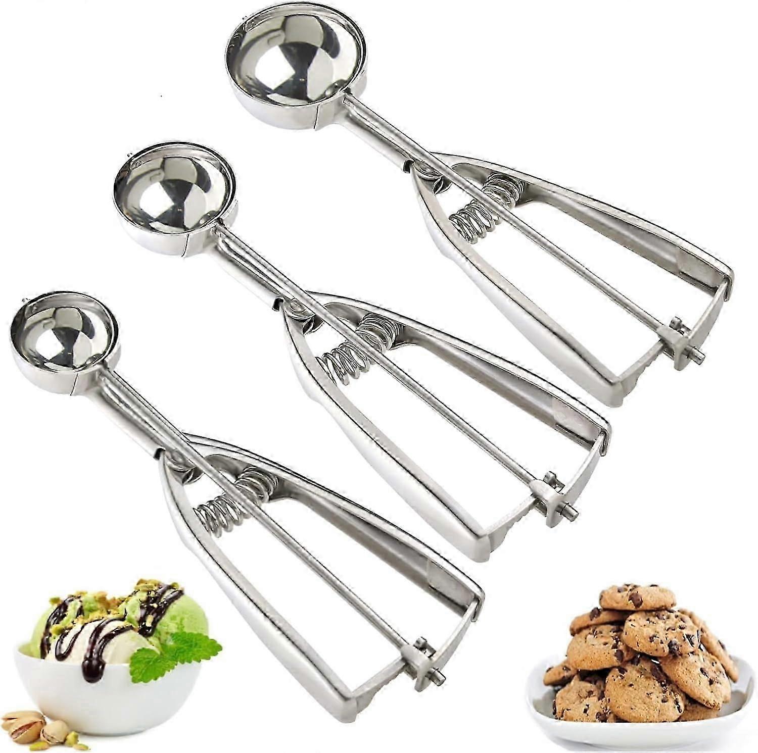 Ice Cream Scoop, 3Pcs Cookie Scoop Set, 18/8 Stainless Steel Cookie Dough Scoop, Cookie Scoops for Baking Set of 3, Ice Cream Scooper with Trigger Rel