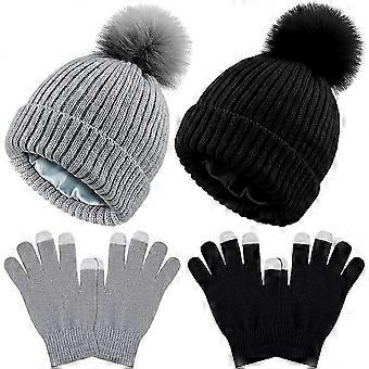 4 Piezas Mujer Invierno Satin Forrado De Punto Pom Gorros Guantes de Pantalla Táctil Juego