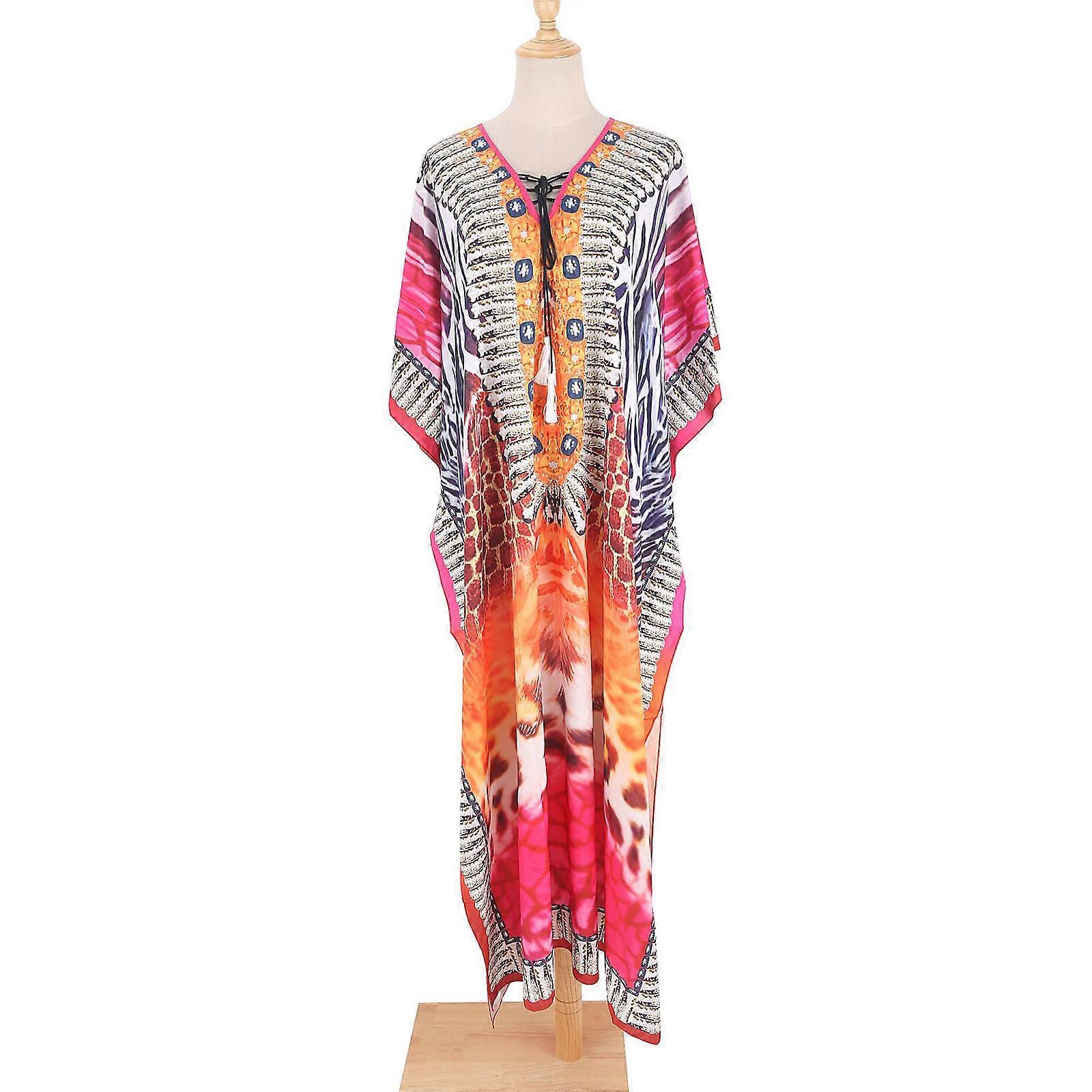 Femmes Plage Maxi Robe Longue Ethnique Léopard Peau de Serpent Dégradé Imprimer Turc Caftan Col en V Lacets Pompon Bikini Couvrir Rose Rouge
