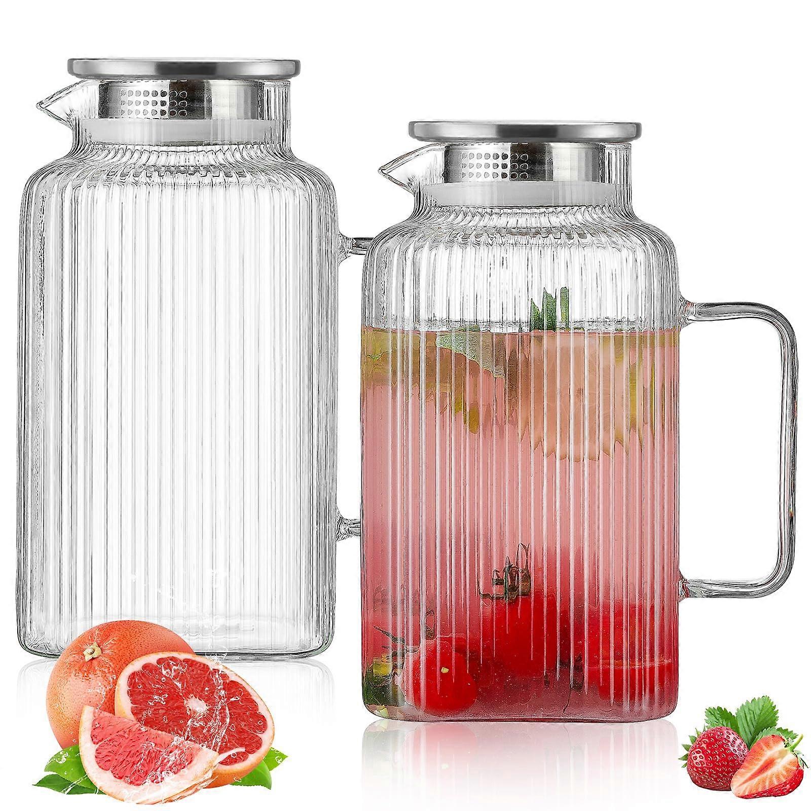 2 Pack Glass Pitcher with Vertical Stripes Lid and Spout for Cold Brew Coffee and Hot Water 84oz/2.4 Liter