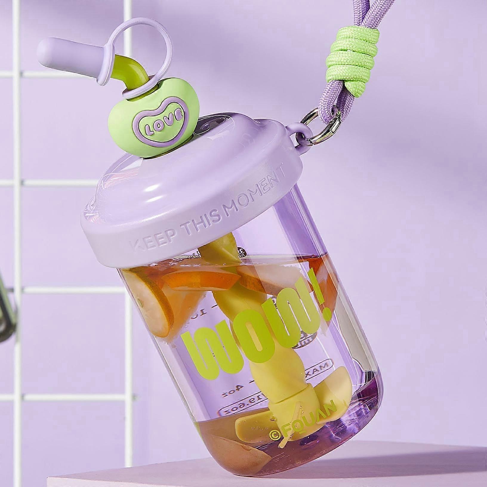 580ml Stirring Cup, Purple Handheld Plastic Water Bottle with Straw, Reusable Shaker Mixer for Smoothies and Beverages