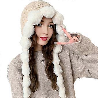 Women Winter Hat Thickened Plush Lined with Lace-up Strap Ball Decor LEi Feng Cap Full Protection