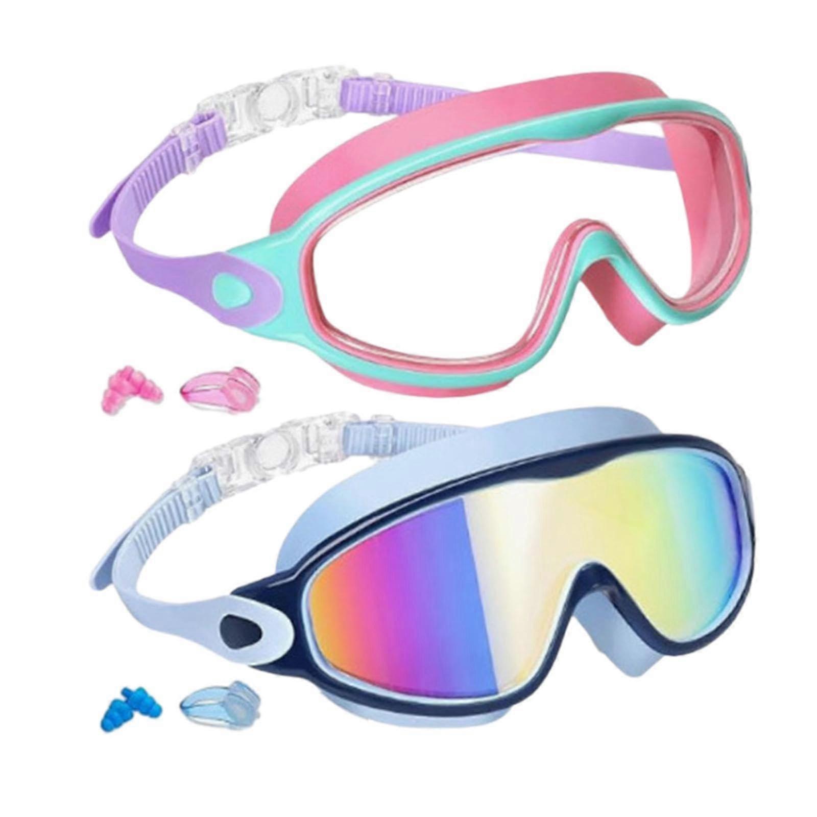 2x swimming goggles professional leak protection with earplugs pink and blue