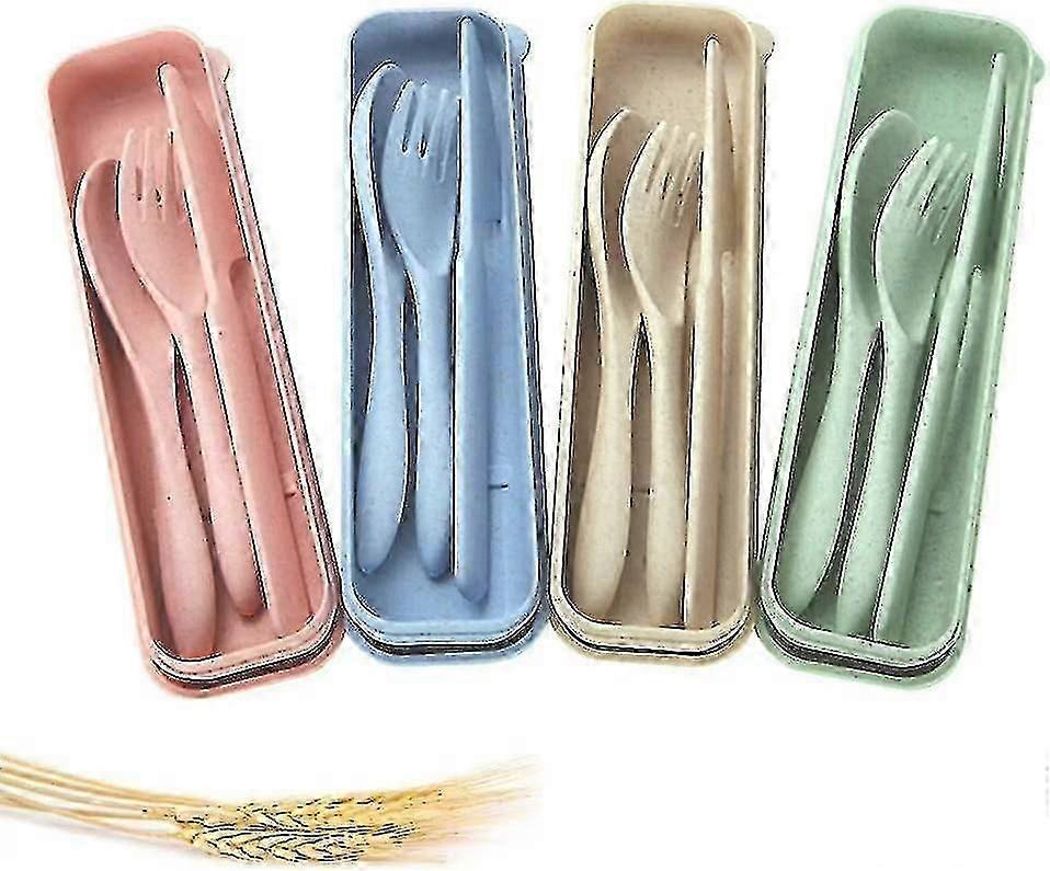 أدوات مائدة محمولة من 4 قطع ، أدوات مائدة من قش القمح ، مجموعة أدوات مائدة بالملعقة ، مناسبة للأطفال والكبار للتخييم في نزهة السفر - مفيد