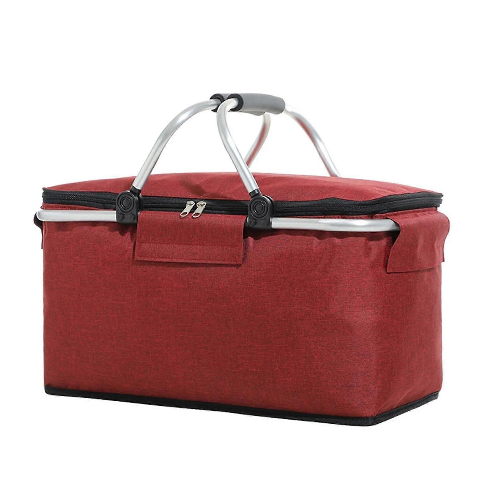Picnic basket Portable Foldable Shopping Bag Tote Basket with Handle Large Capacity Camping Travel (Red) Red