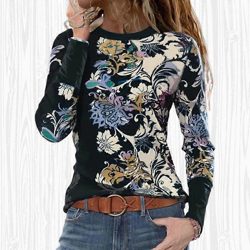 Kvinnor Höst Toppar Lös Katt Retro Mönster Tryck Orsak Långärmad T-shirt Topp Blus