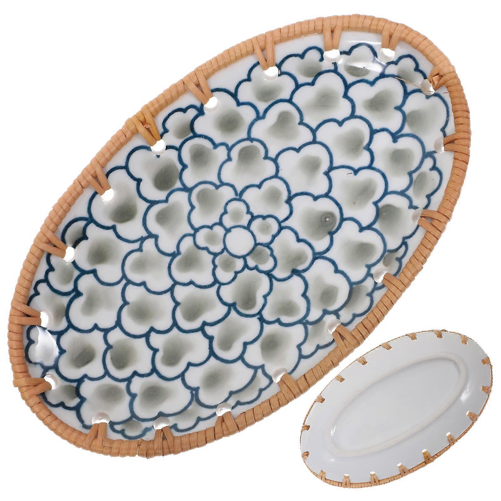 Multi Color Decorative Ceramic Fruit Dish with Hand Woven Bamboo for Serving and Organizing 14.5 Inch