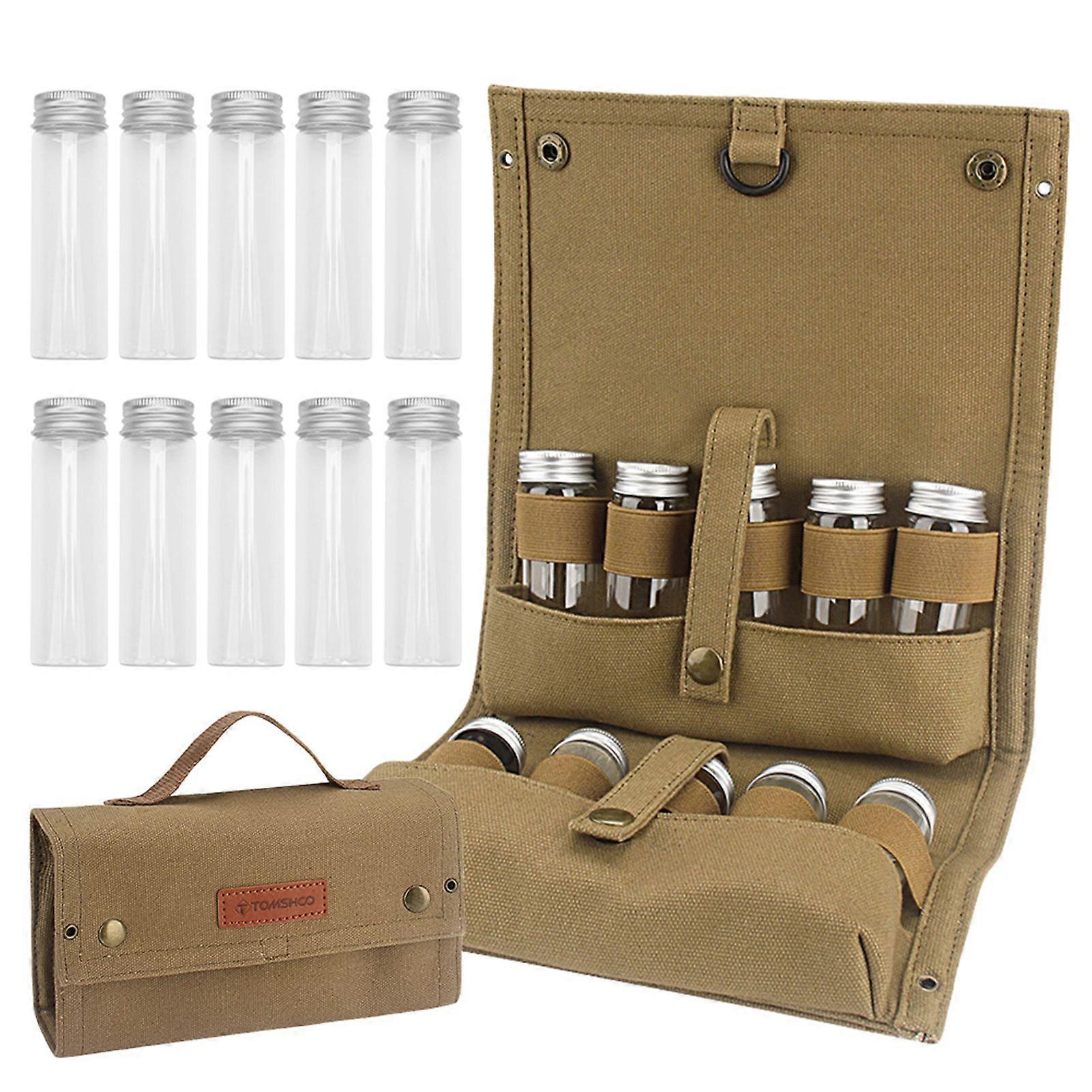 TOMSHOO Portable Spice Bag with 10 Spice Jars Canvas Seasoning Storage Bag Organizer Seasoning Bottle Holder with Condiment Bottle Set for Outdoor Cam