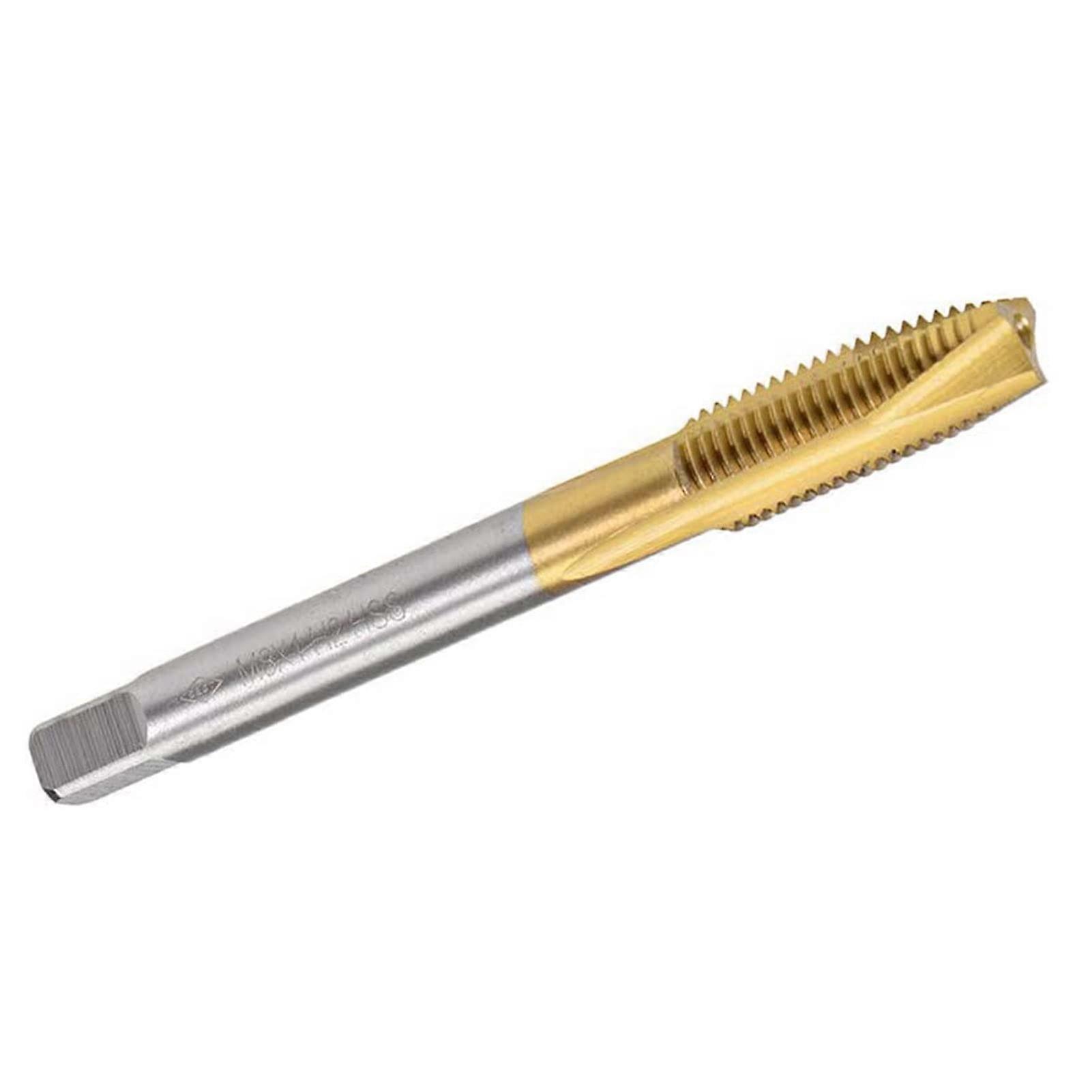 M8 x 1mm Spiral Point Tap, 3 Flute, Ground Threads, H2 Tolerance, HSS Titanium Coated, Round Shank Square End, 1 Pc