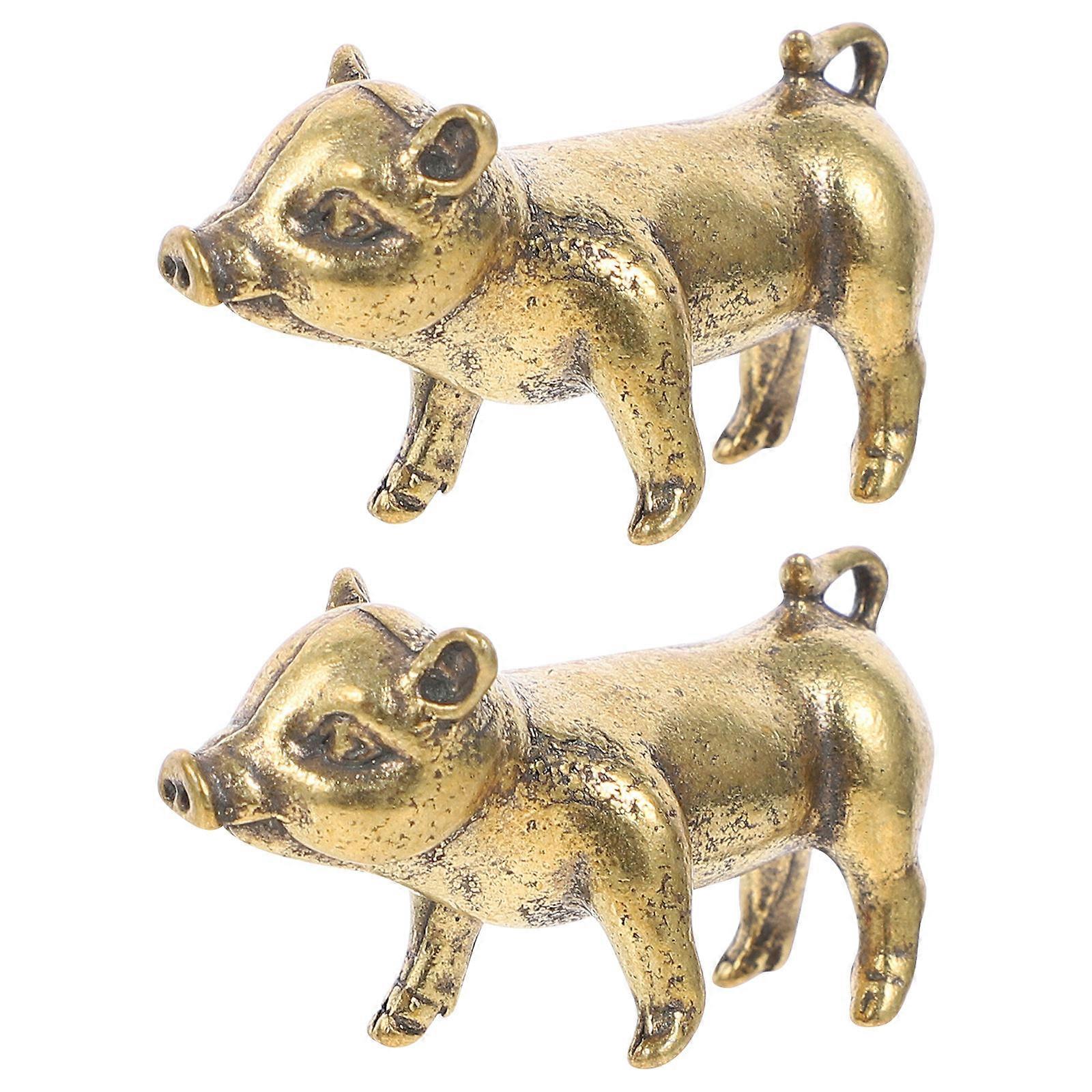 Golden Chinese Brass Pig Charm for Decor with HandPainted Details and Strong 3D Effect 2PCS
