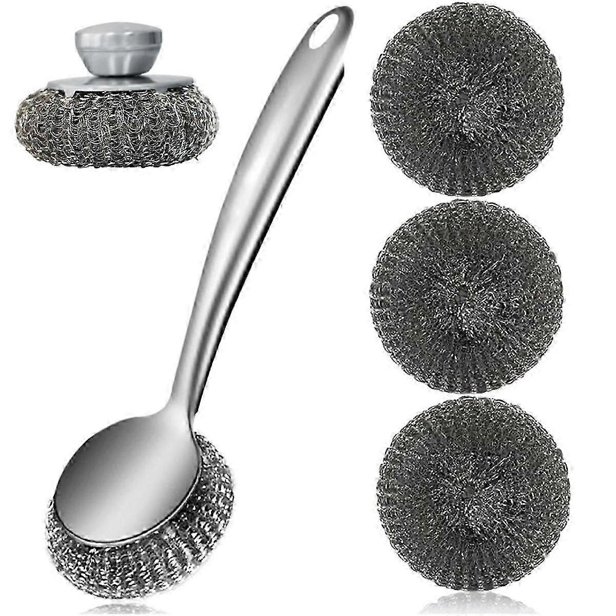 Steel Wool Dish Brush with Handle Deep Cleaning Metal Scrubber Set