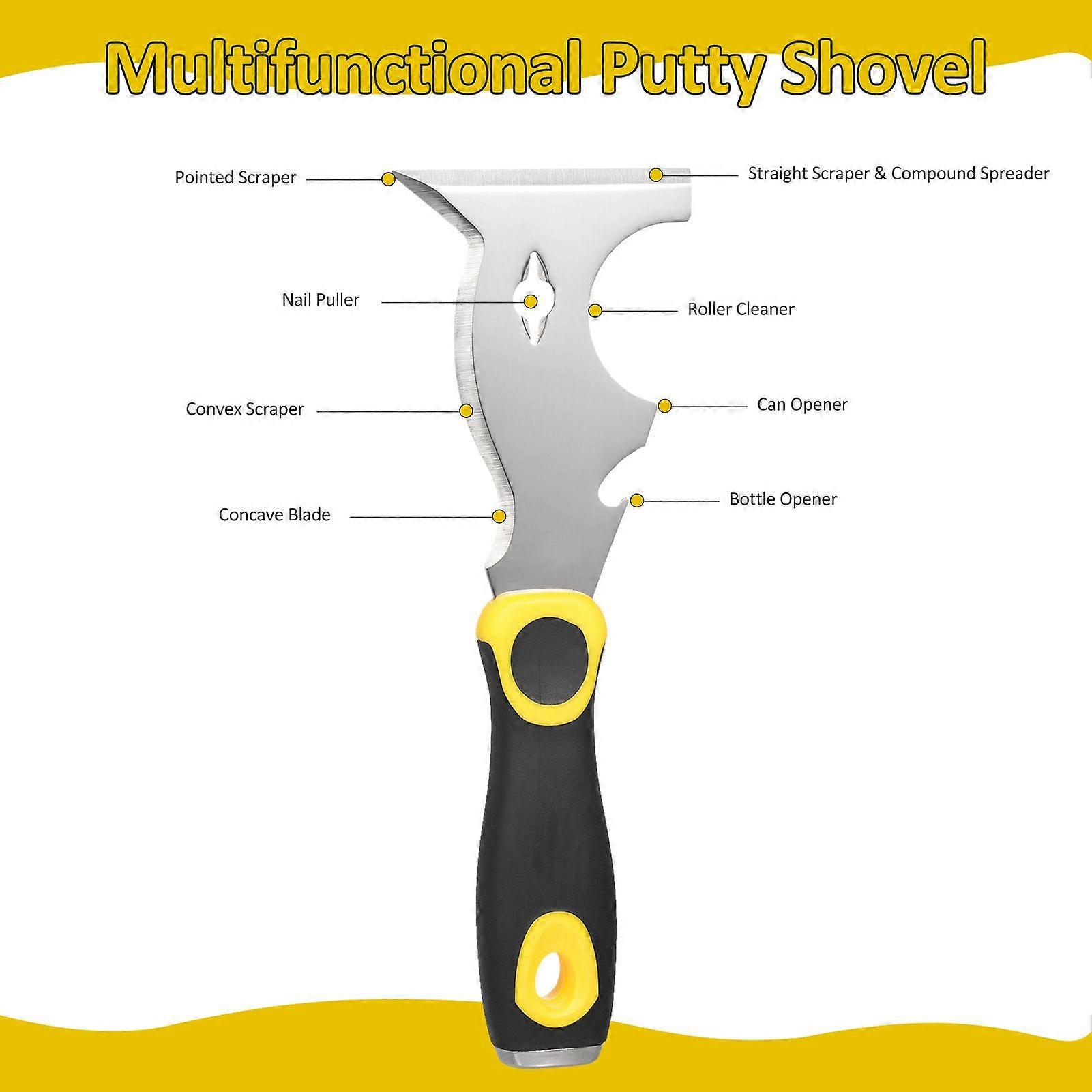 420 Stainless Steel Multifunctional Putty Shovel with Two-Color Anti-Slip Handle, Paint Scraper 10 in 1 Putty Knife Multi-Use Painters Tool, Taping Kn