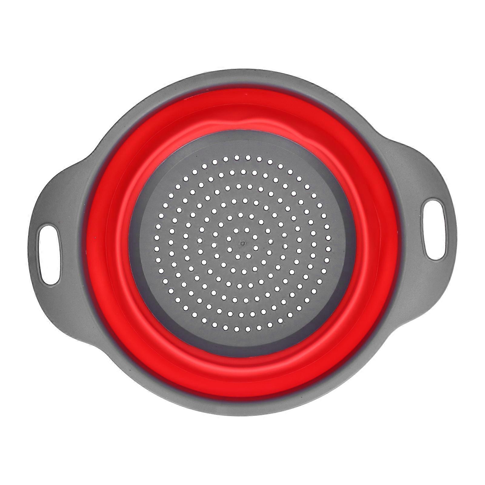Red Large Silicone Round Folding Drain Basket with Handle for Kitchen