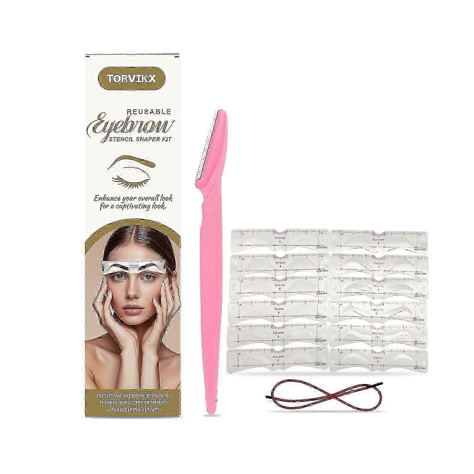 suitable for eyebrow shaping kit with 12 stencils, razor trimmer, drawstring strap, 3-minute makeup