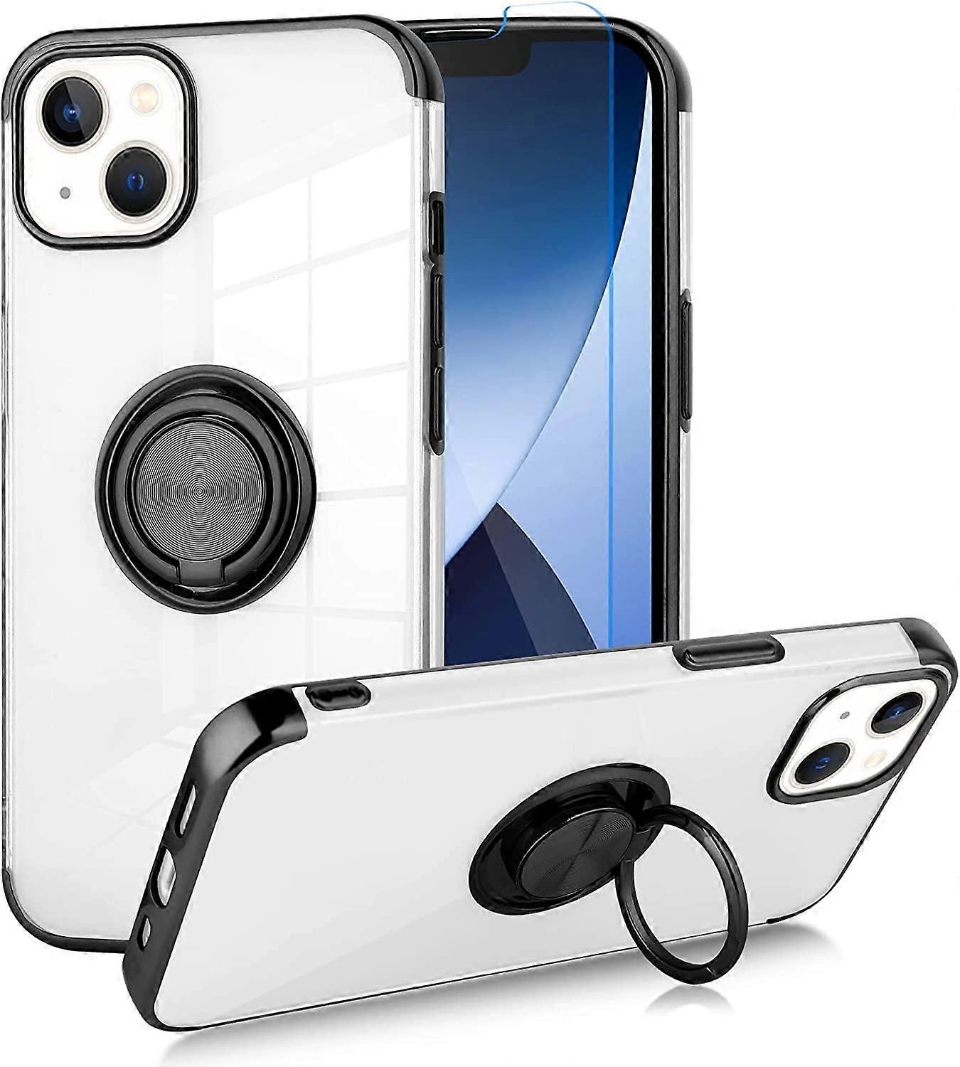 Clear case for compatible with iPhone 14 Plus with screen protector, built-in magnetic ring, 360 rotation kickstand, shockproof bumper - Black