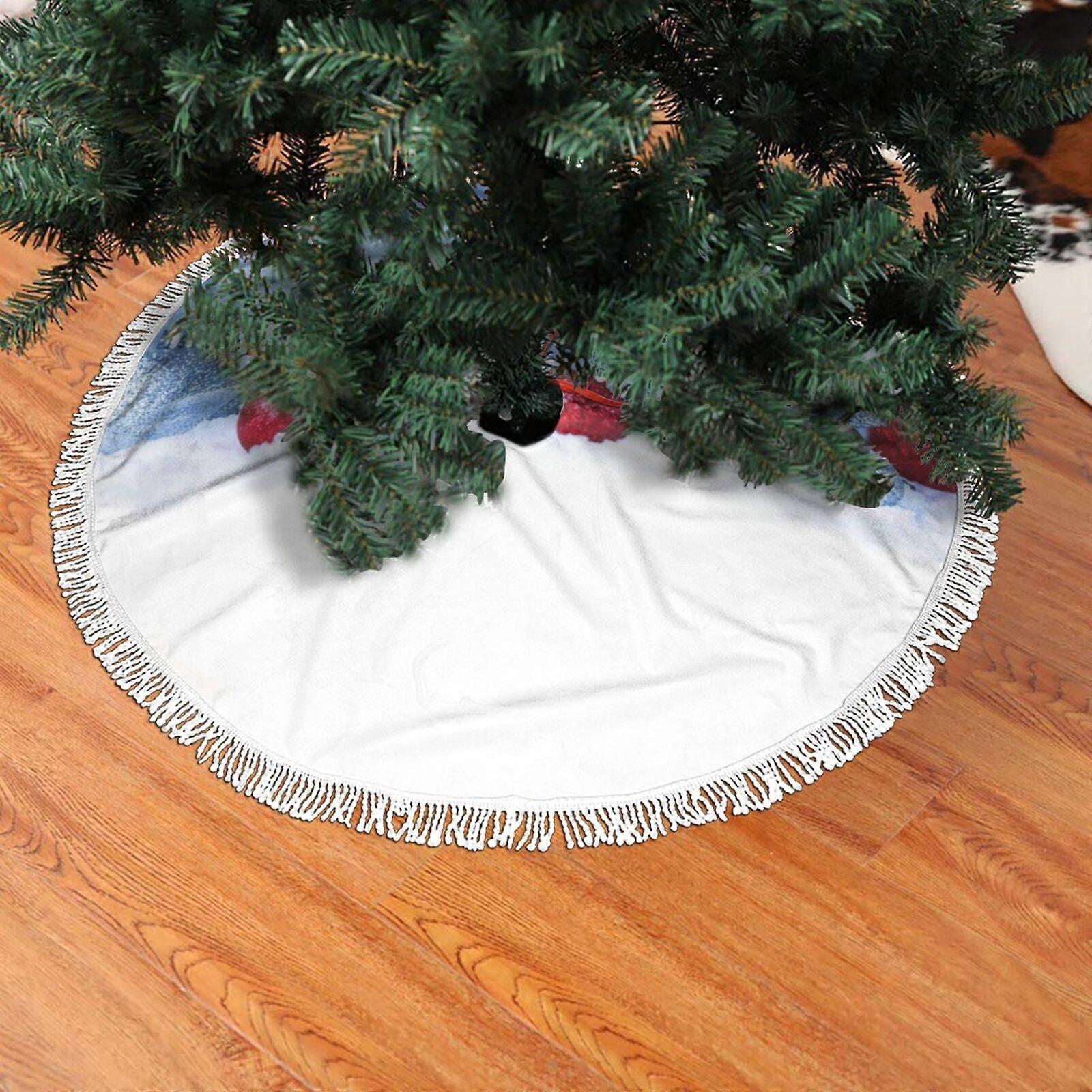 Christmas Fringed Lace Tree Skirt, Merry Christmas And Happy New Year Card With Red Decoration Soft, Light, Good Touch Tree Skirt 48"